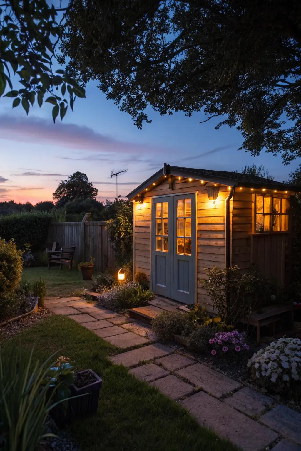 Solar lights enhance the ambiance around a garden shed.