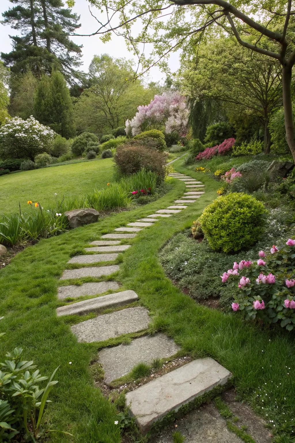 Grass-topped stones create a living, textured path.