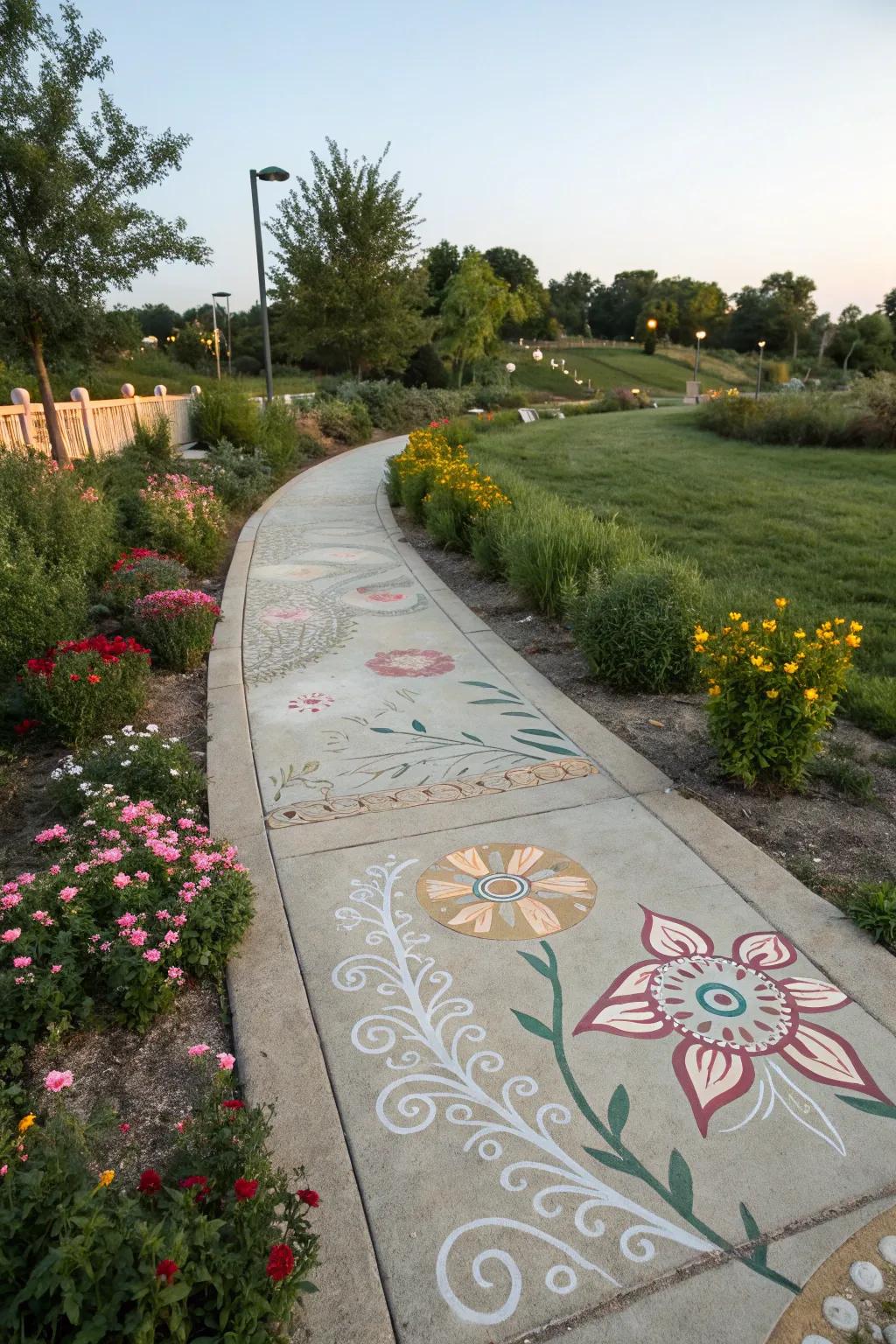 Stenciled concrete transforms ordinary paths into artistic walkways.