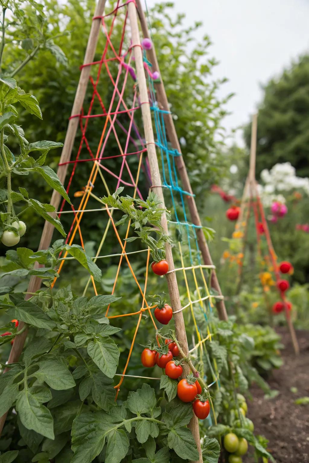 A vibrant string art trellis with cherry tomatoes adding color and joy to the garden.