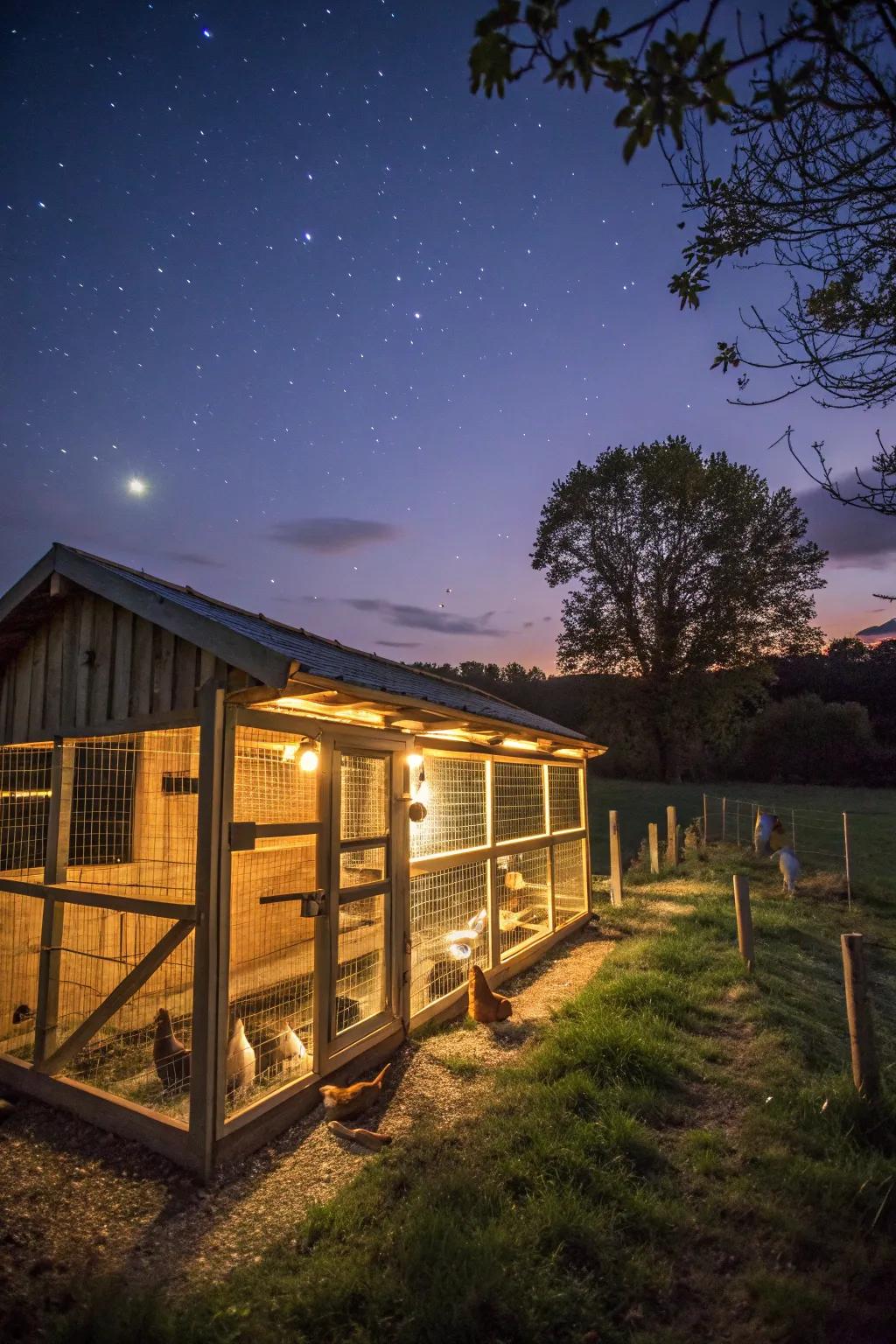 Solar lights provide energy-efficient illumination for the coop.