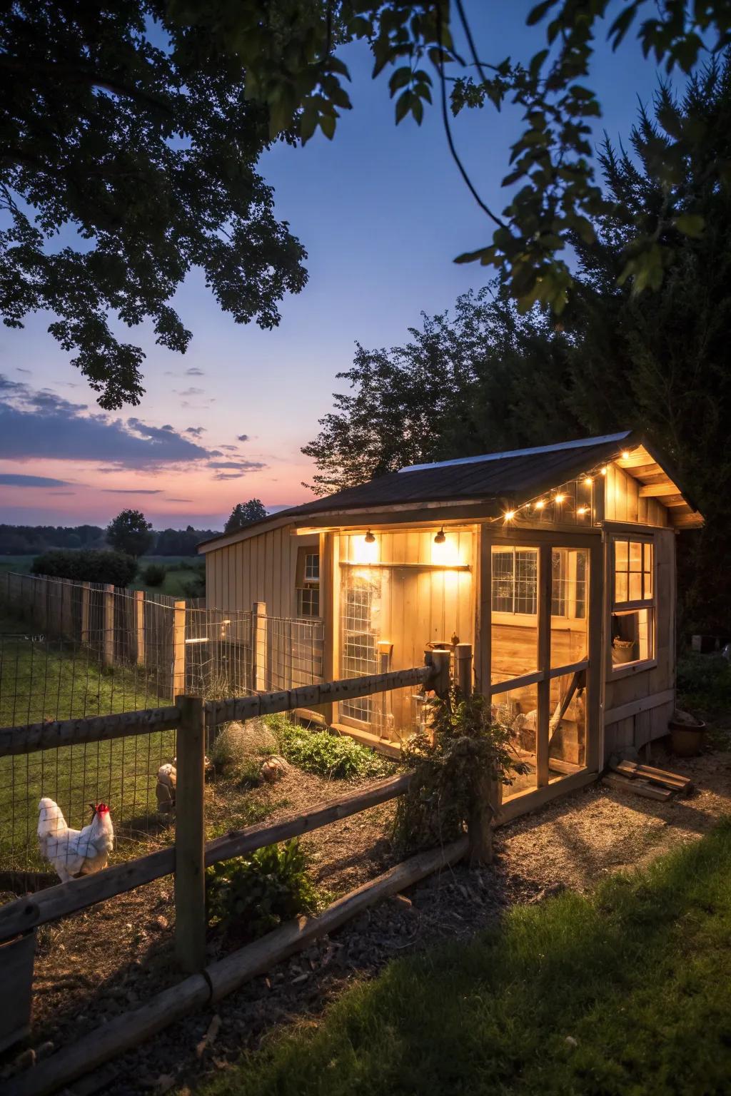 Solar lighting adds a cozy glow to the coop.