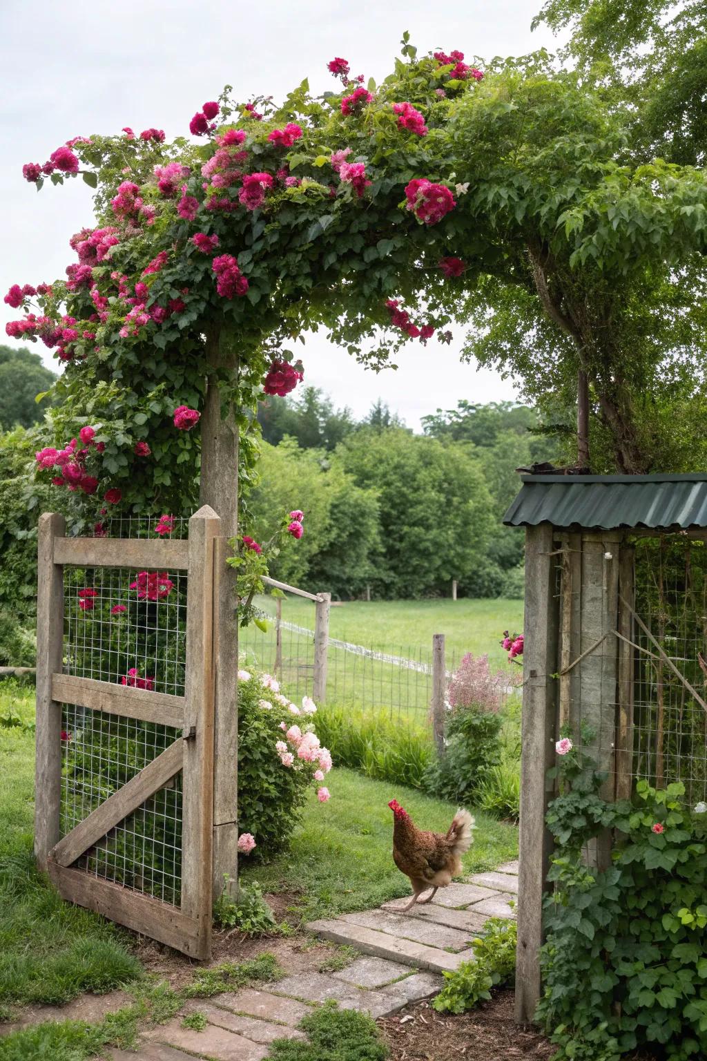 A gate transformed by flowering vines into a living tapestry.