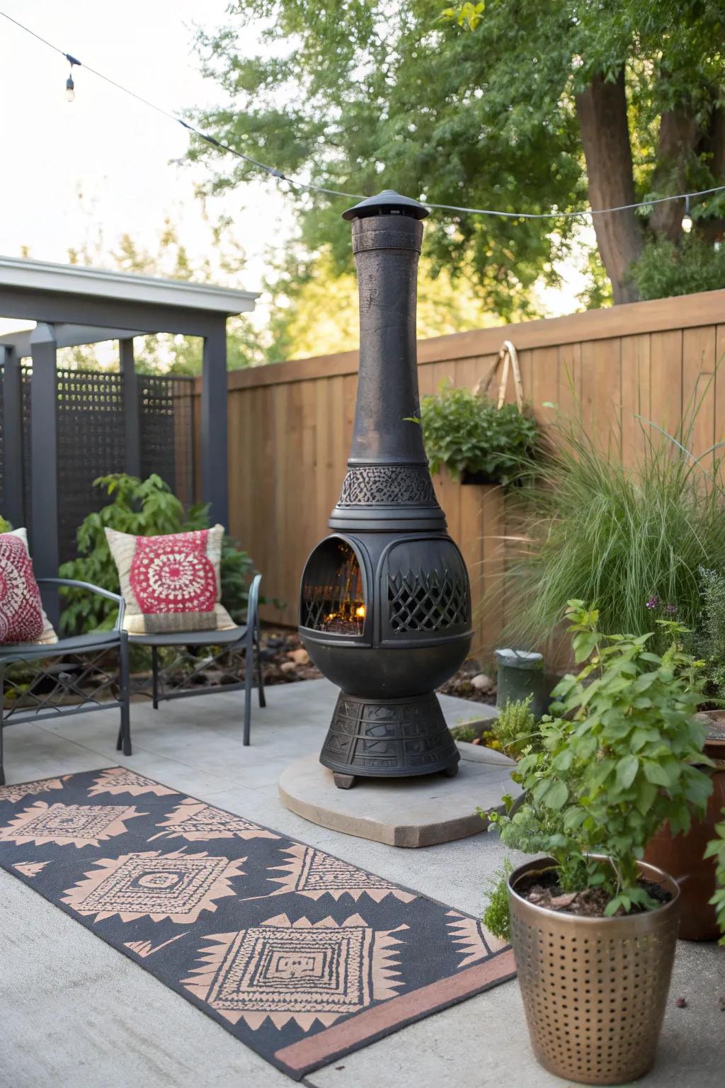 Define your chiminea area with a chic outdoor rug.