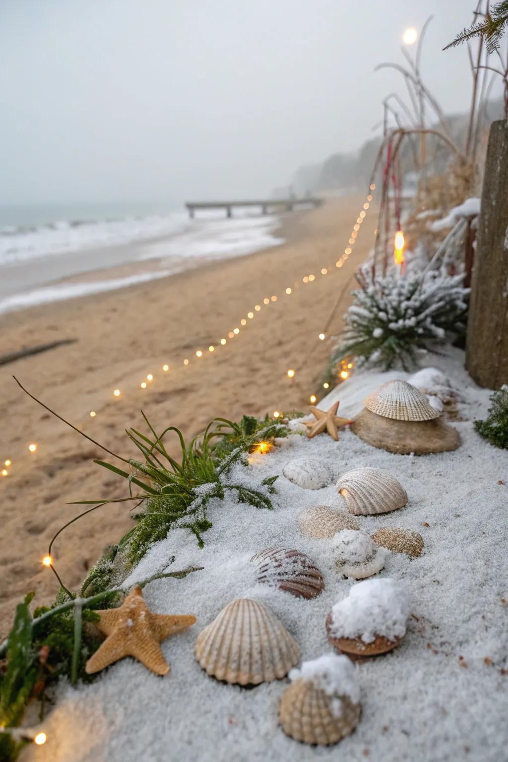 A winter beach scene offers a unique twist on holiday decor.