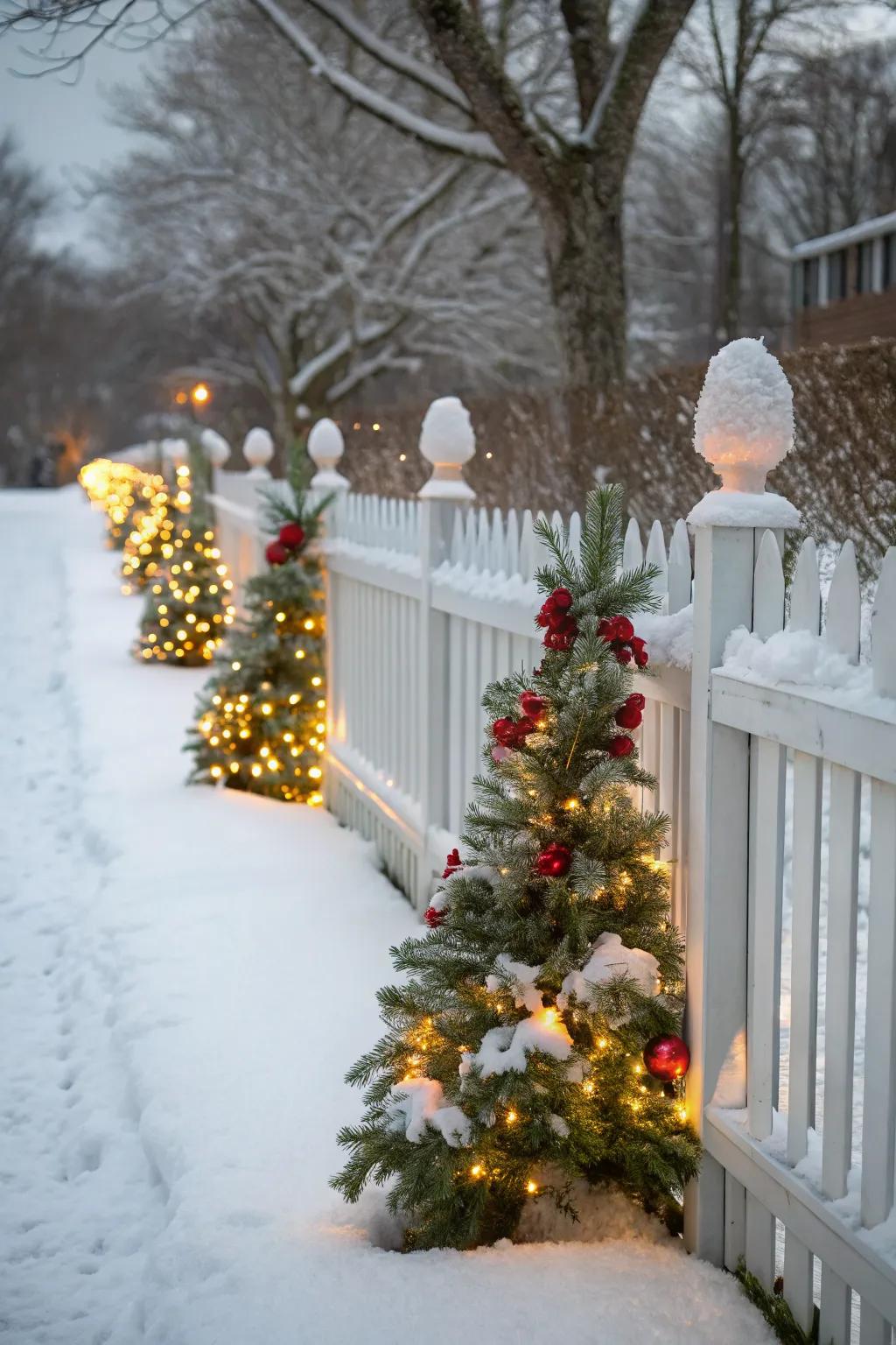 Add depth with mini Christmas trees along your fence.