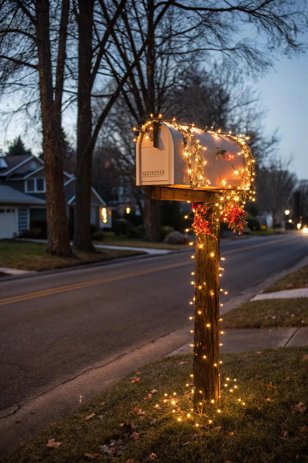 A festively lit mailbox spreads cheer to those passing by.