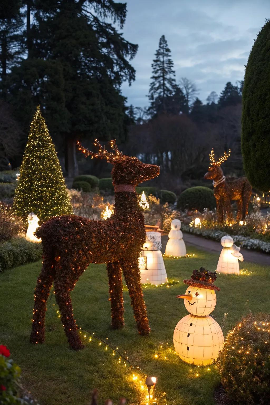 Topiary figures bringing whimsy to a winter garden.