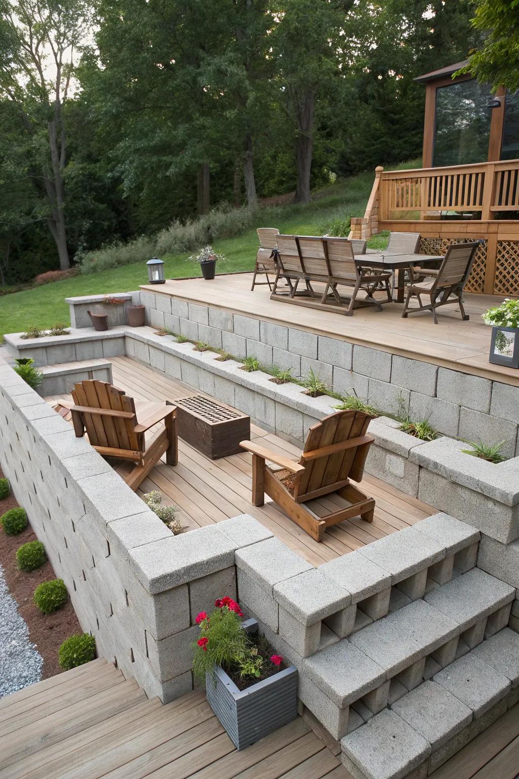 A multi-level deck offers diverse spaces for relaxation and entertainment.