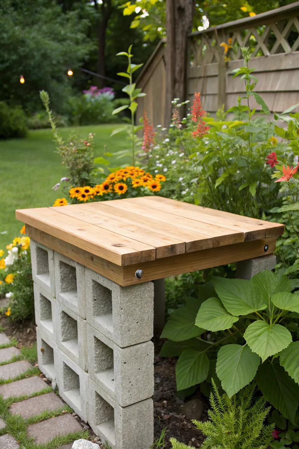 A cinder block table adds an industrial-chic touch to outdoor gatherings.