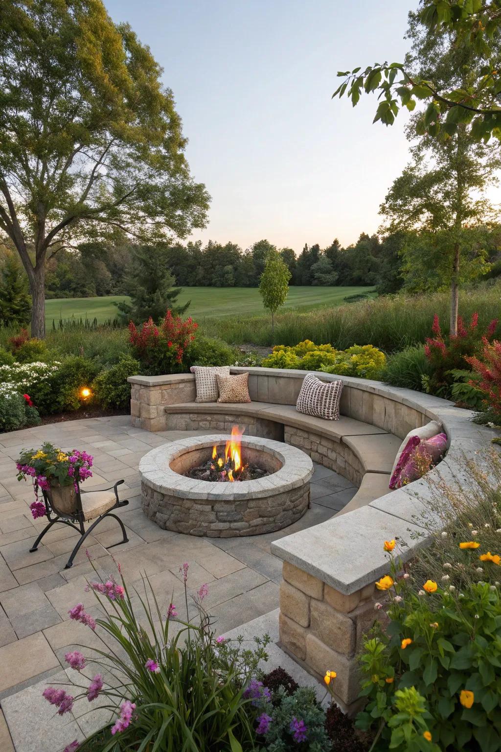 Built-in seating makes this fire pit area a seamless part of the garden.