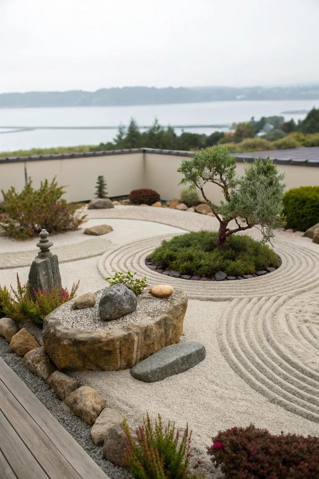 A tranquil Zen-inspired circular flower bed.