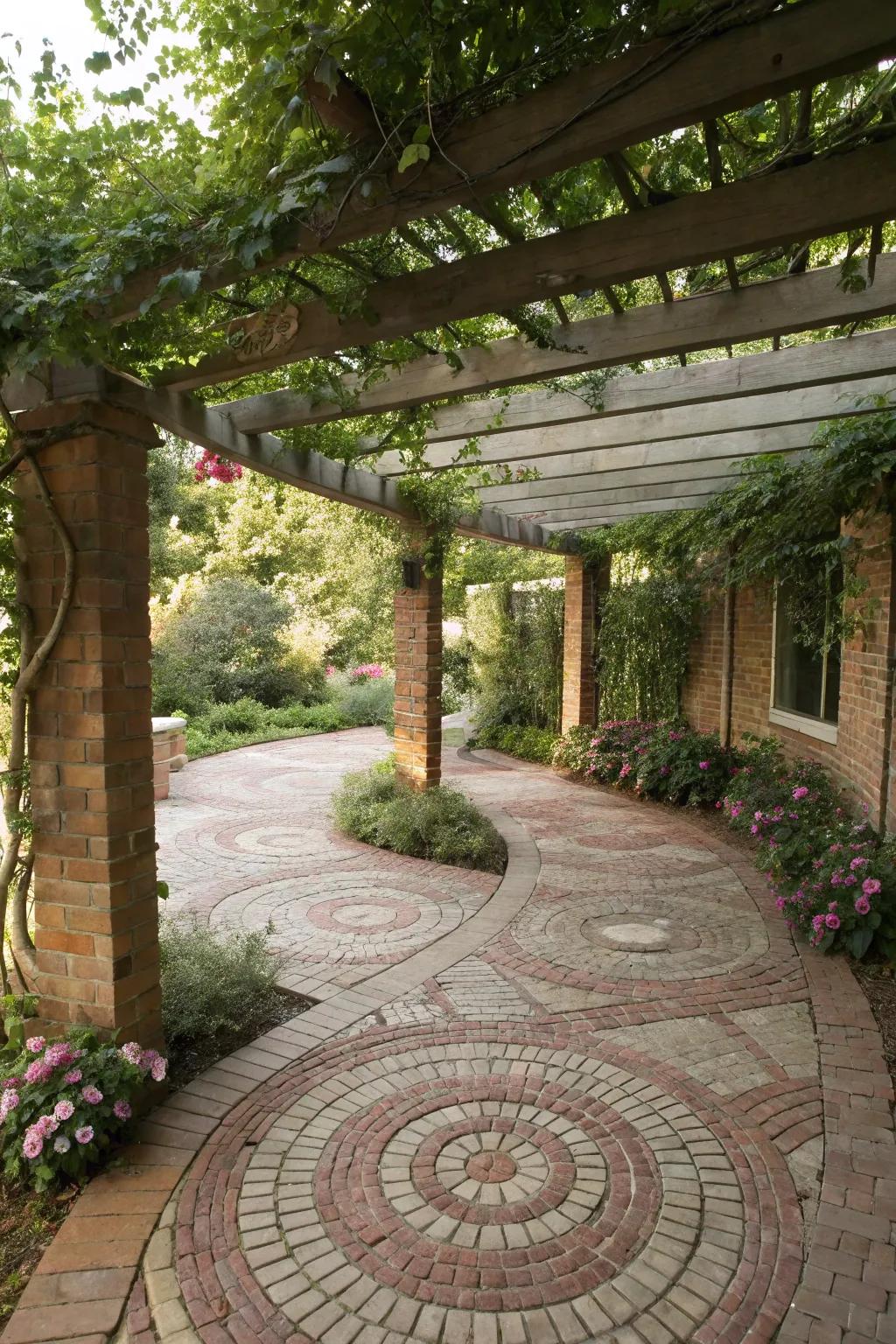 Enjoy a shaded retreat with a circular brick pergola.