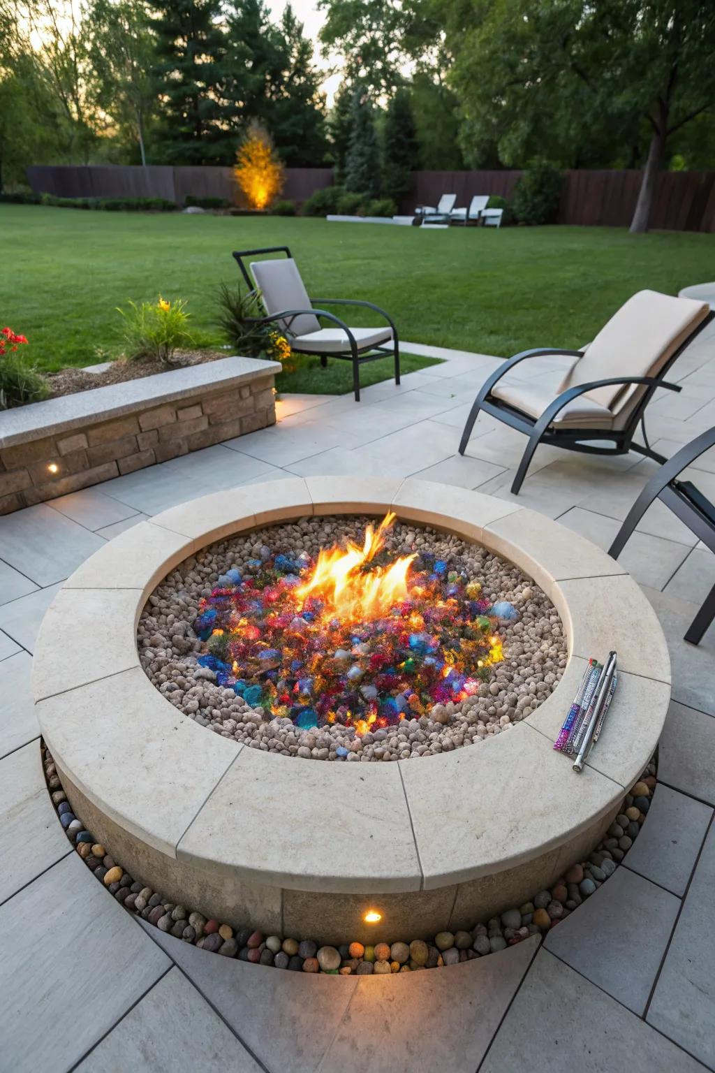 Fire glass adds a glamorous and colorful touch to fire pits.