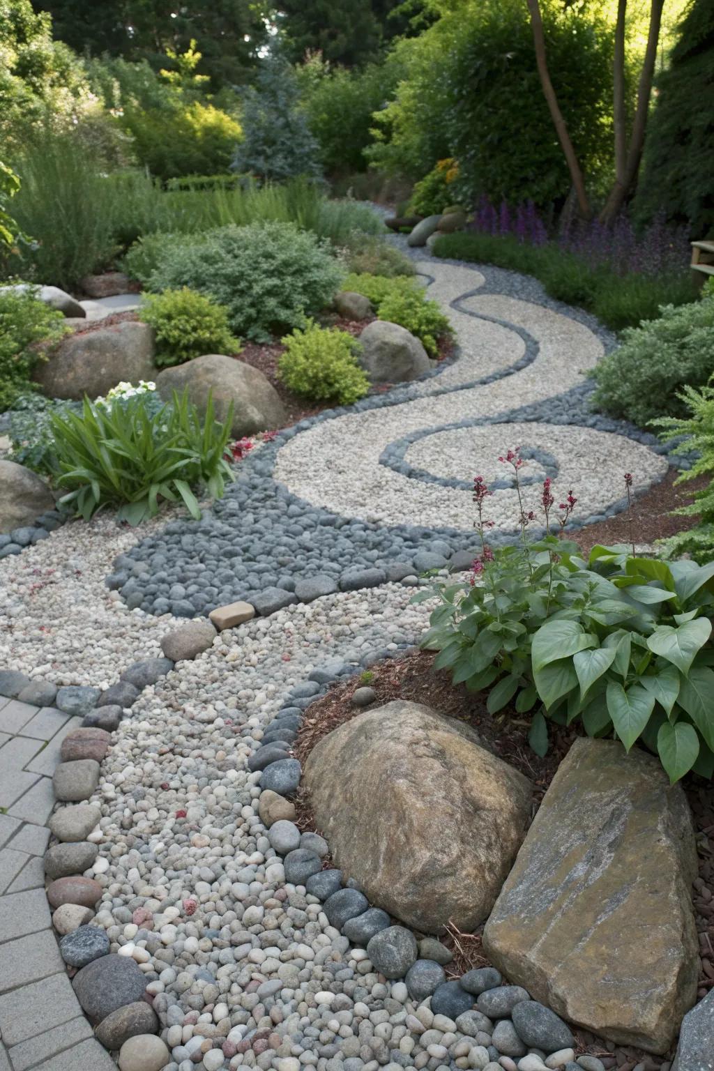 Decorative gravel providing texture and contrast in a tidy garden bed.
