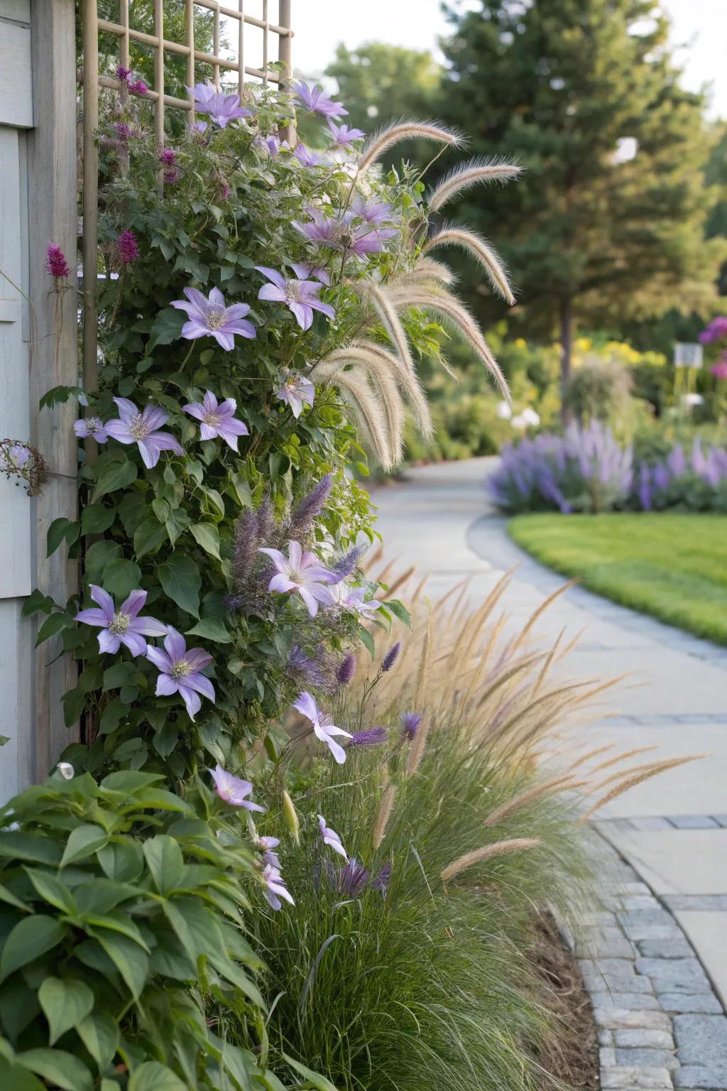 A striking combination of clematis and ornamental grasses.
