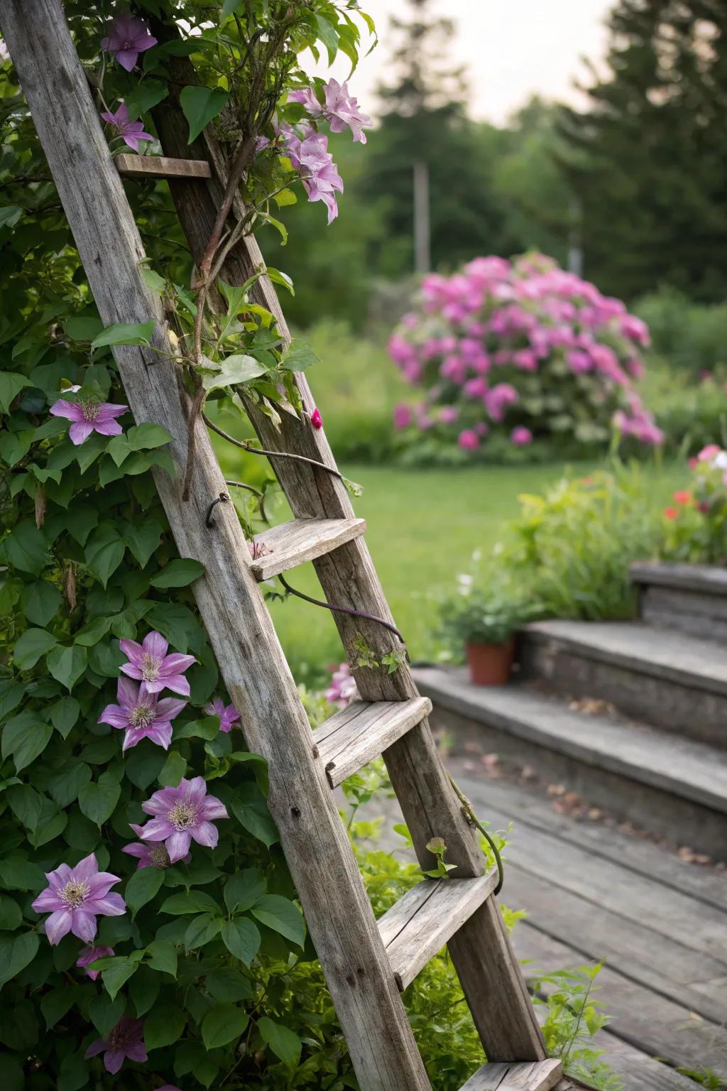 An old ladder becomes a charming clematis trellis.