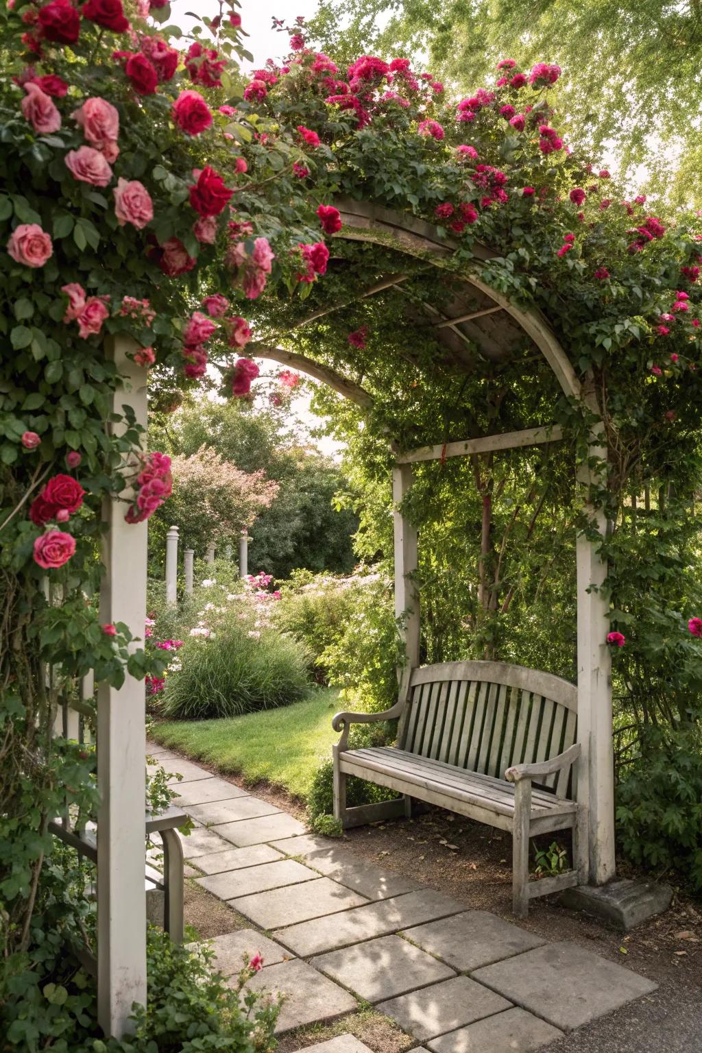 Relax in a romantic garden nook with an arbor and bench surrounded by roses.