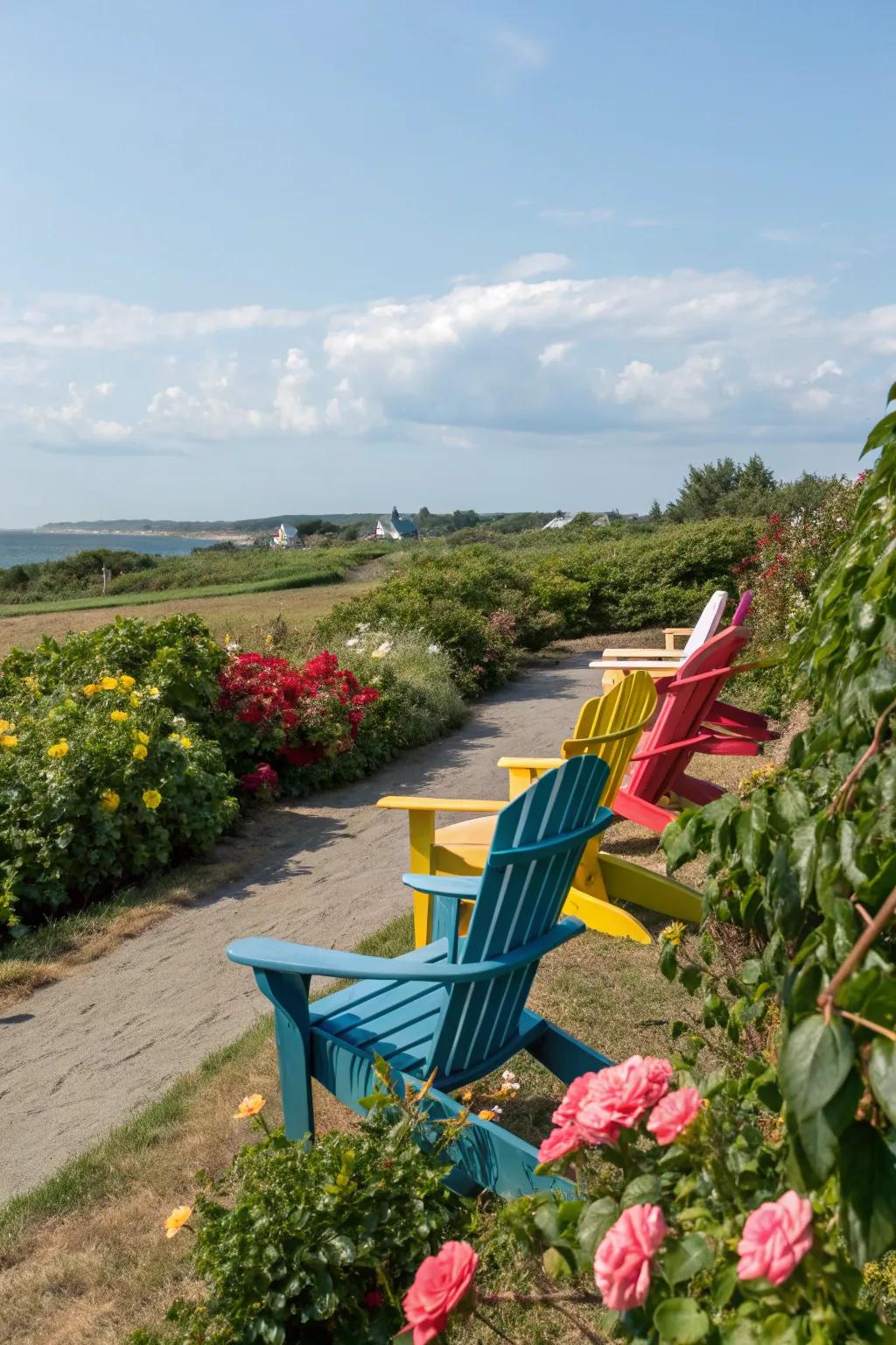 Adirondack chairs providing classic coastal seating in the garden.
