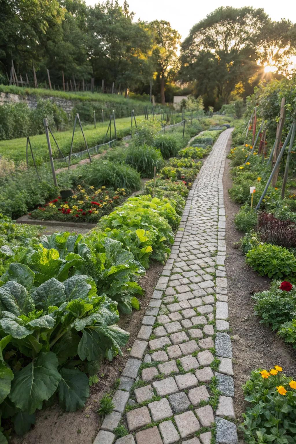Cobblestone pathways providing structure to a productive vegetable garden.