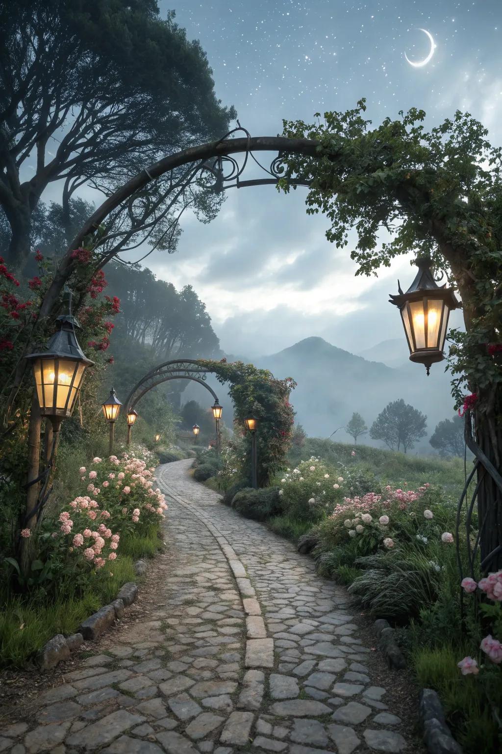 A fairy tale cobblestone path with enchanting garden features.