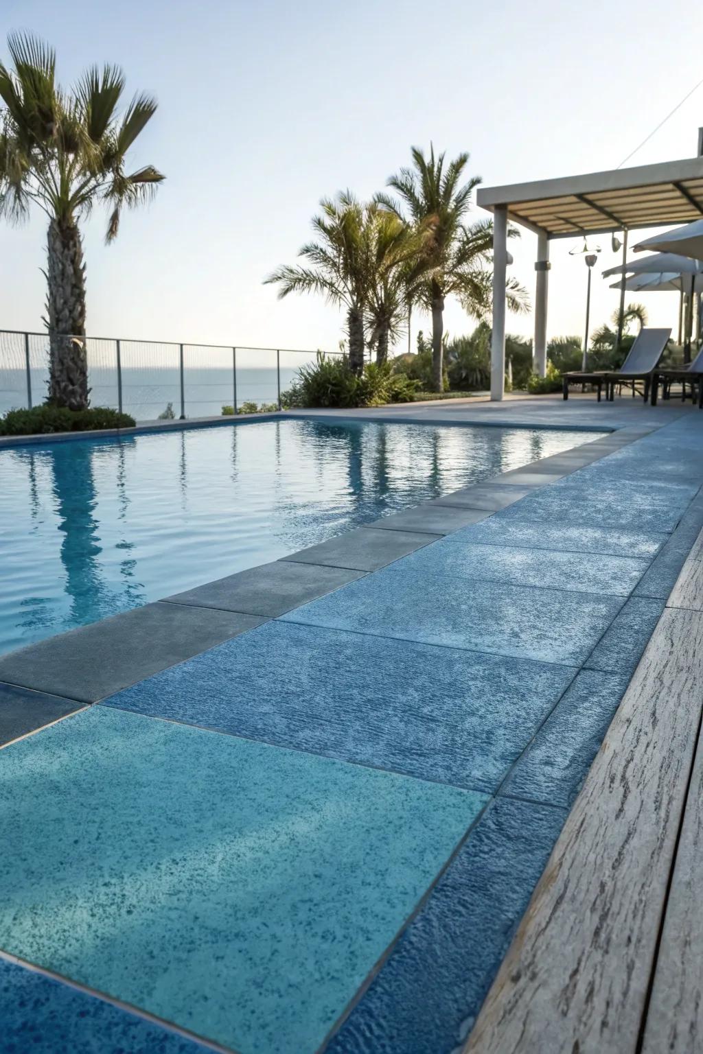 Oceanic blues create a cohesive and refreshing poolside experience.