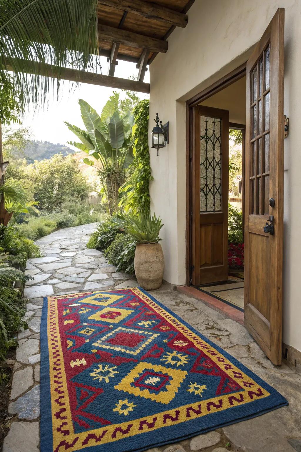 A bold rug welcomes you with style and color.