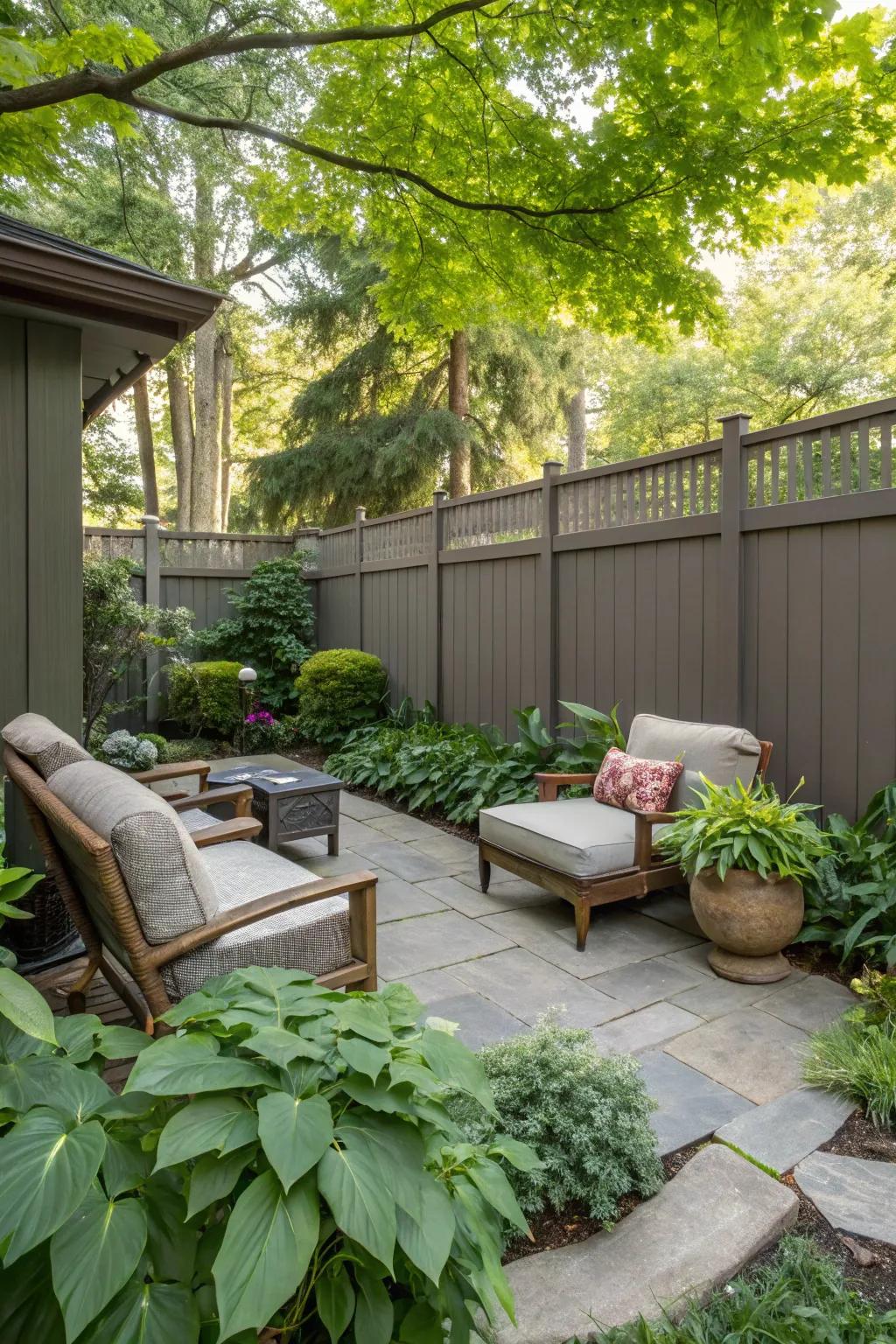 A backyard retreat with composite fencing offers a serene escape into nature.