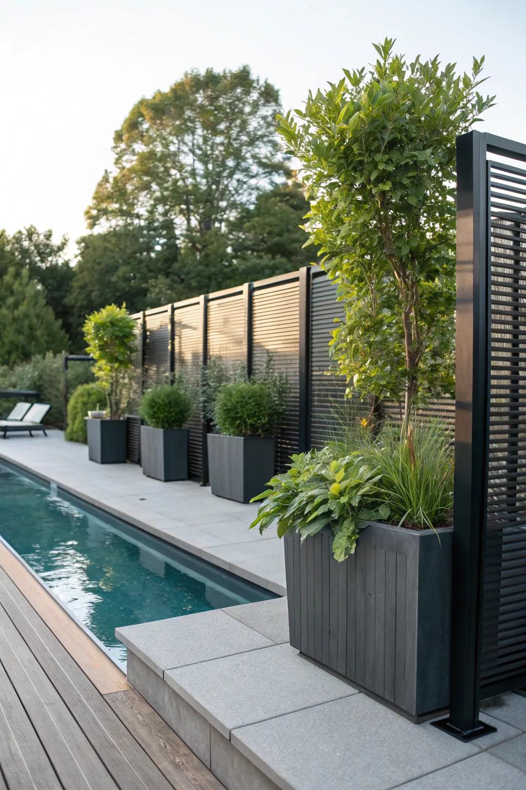 Privacy screens offer a secluded and serene poolside retreat.