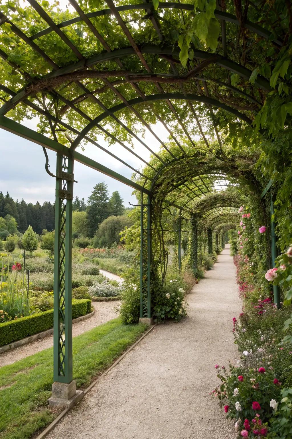A romantic trellis-covered composite walkway offering shade and beauty.