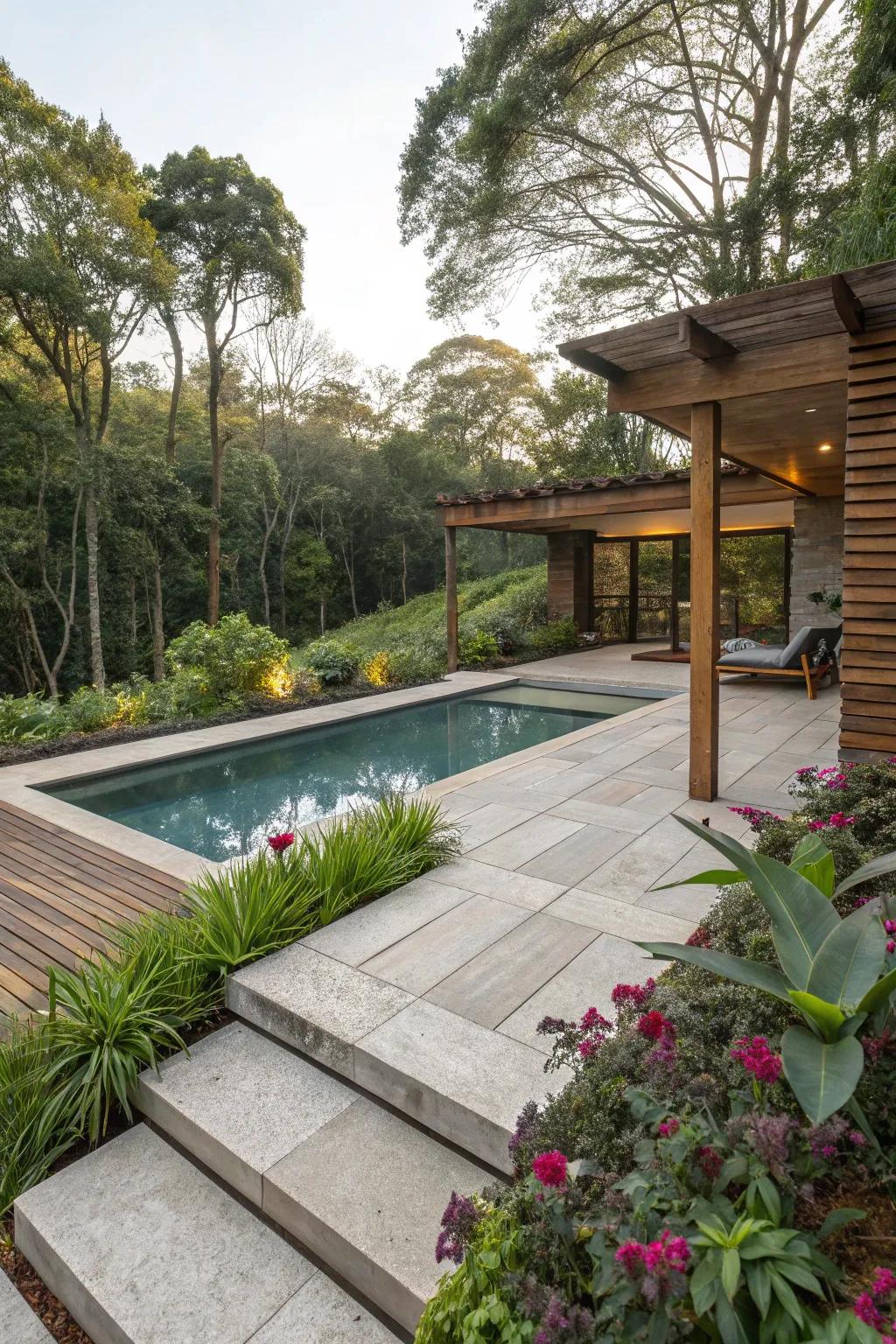 Blend concrete with wood for a warm, rustic poolside ambiance.