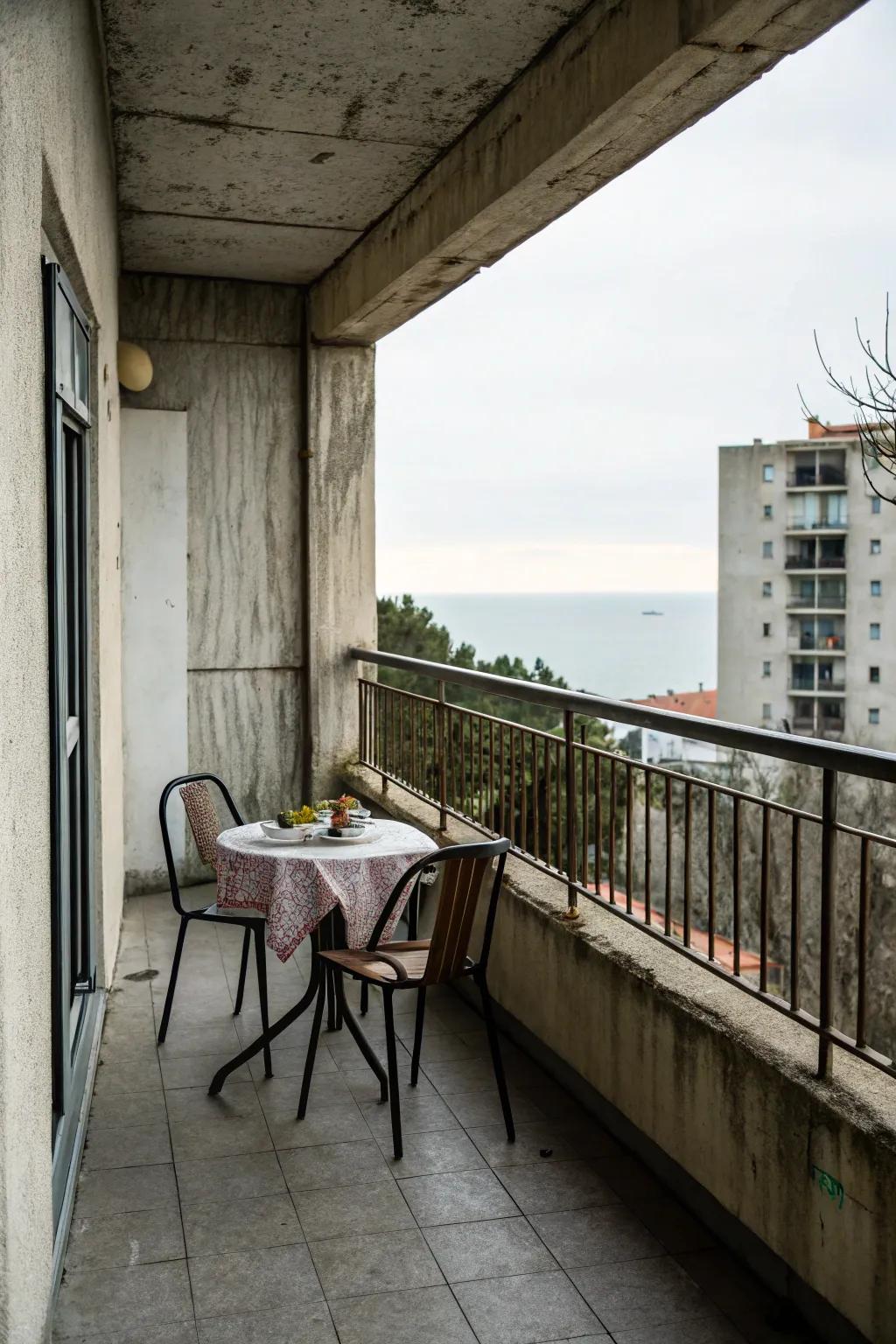A dining nook adds functionality to a concrete balcony.