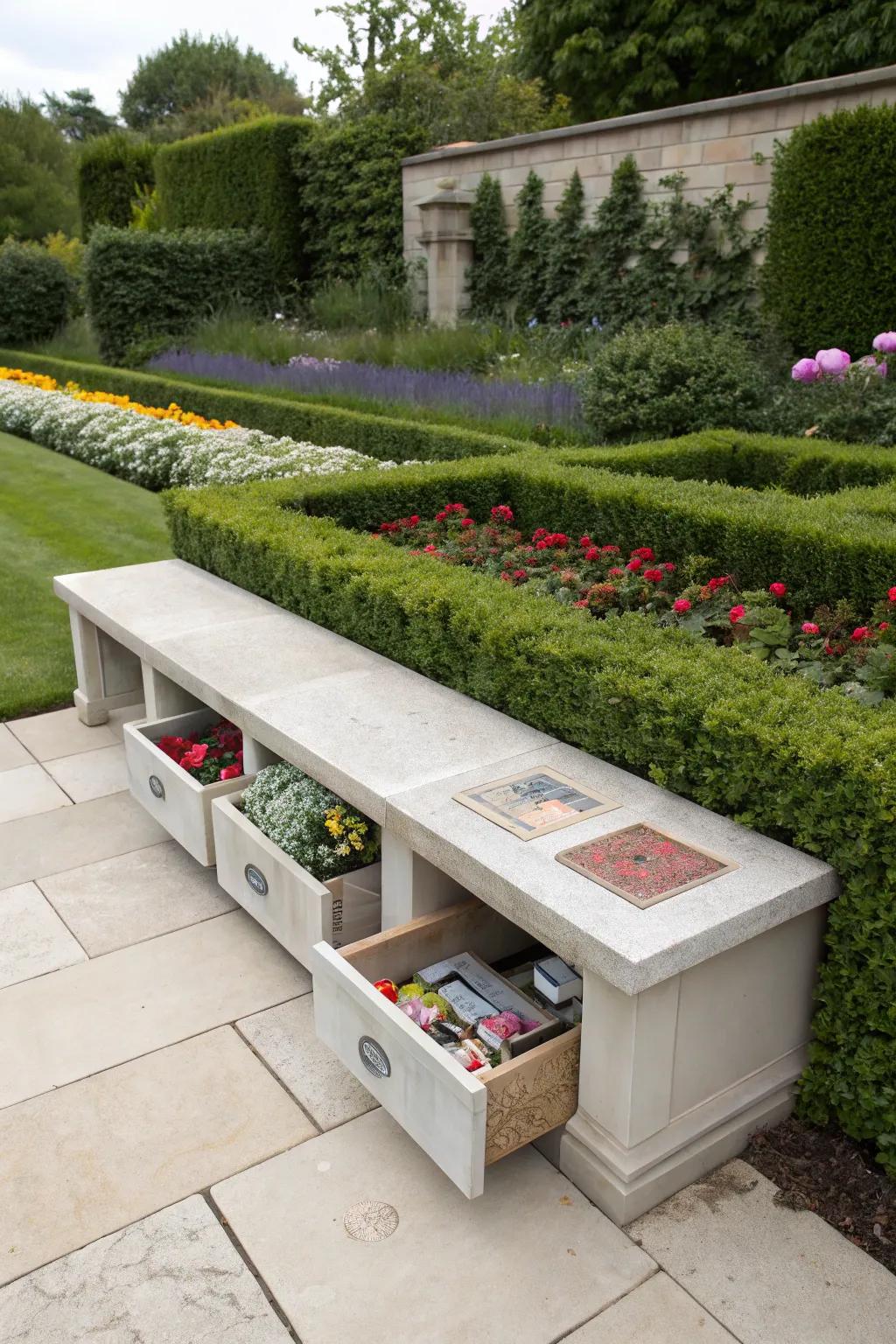 A practical bench design with hidden storage for garden essentials.