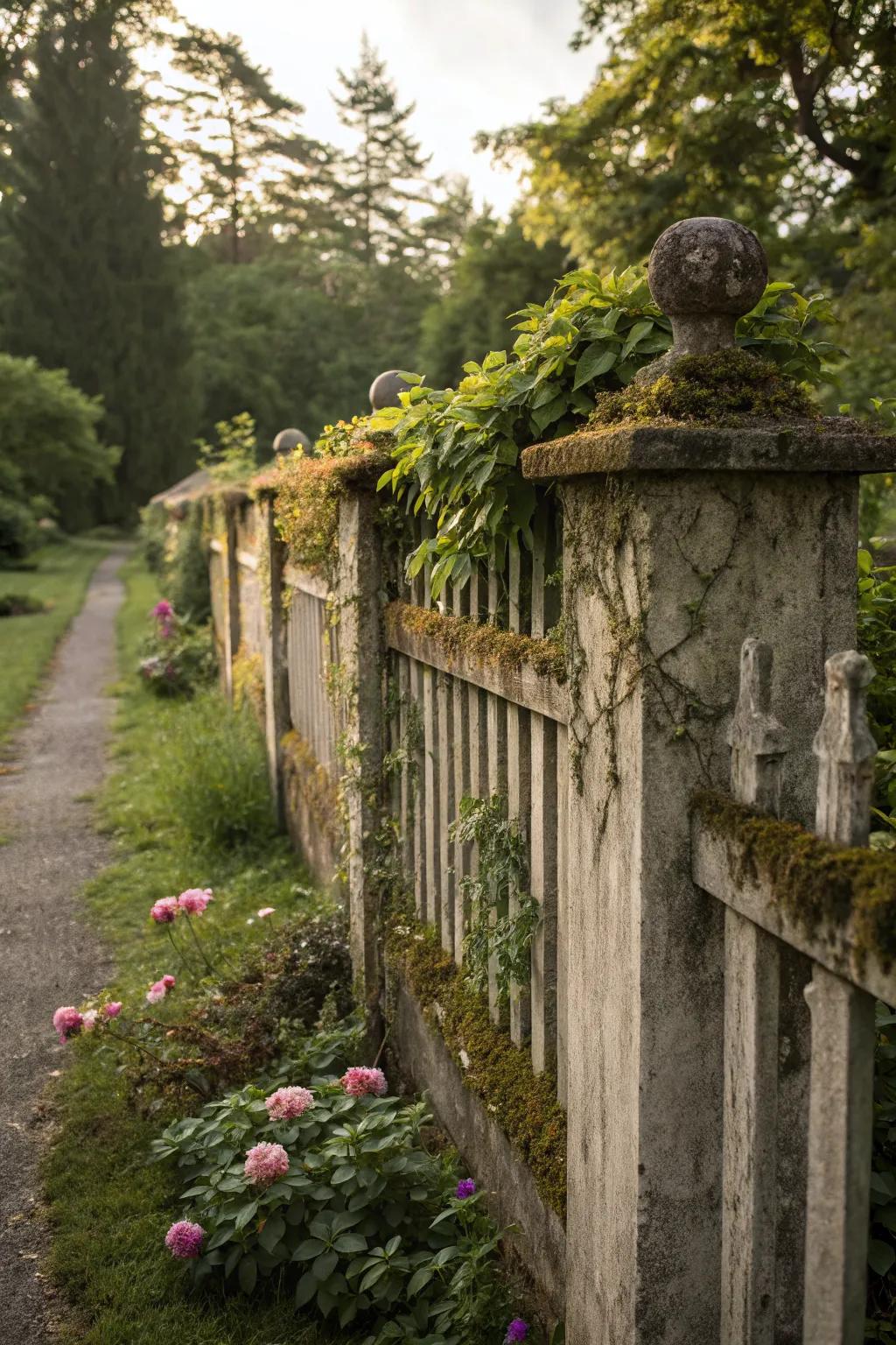 Weathered finishes give this concrete fence rustic charm.