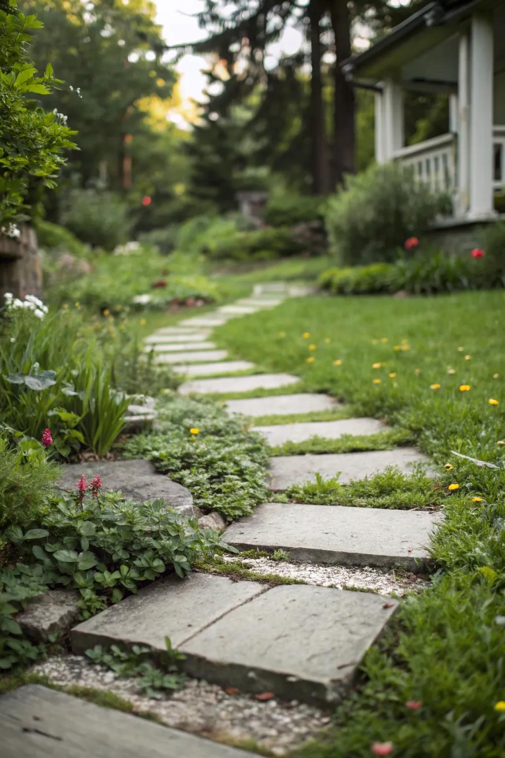 Concrete stepping stones create a charming garden path.