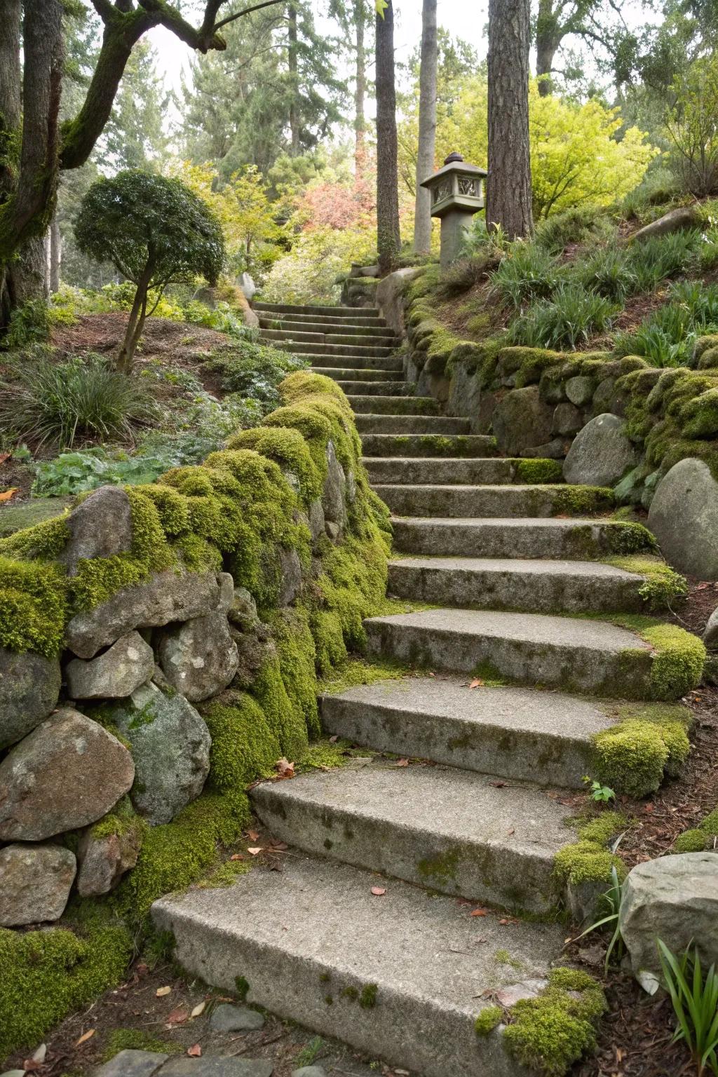 Blending concrete stairs with natural stone creates a seamless look.