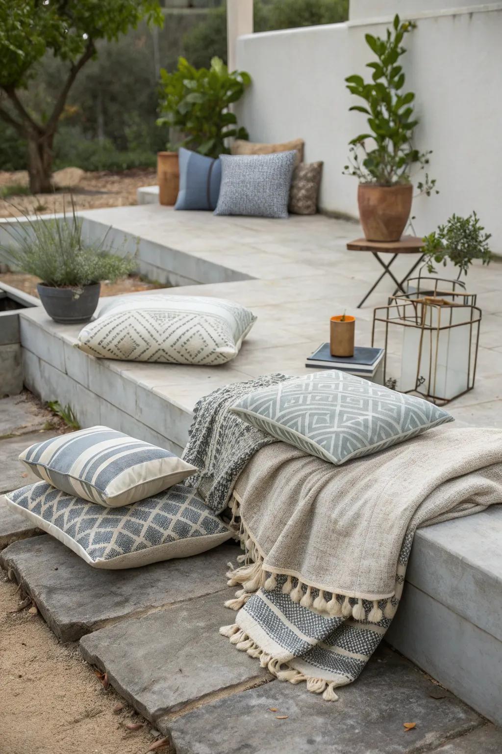 Layered textures make your patio inviting and cozy.