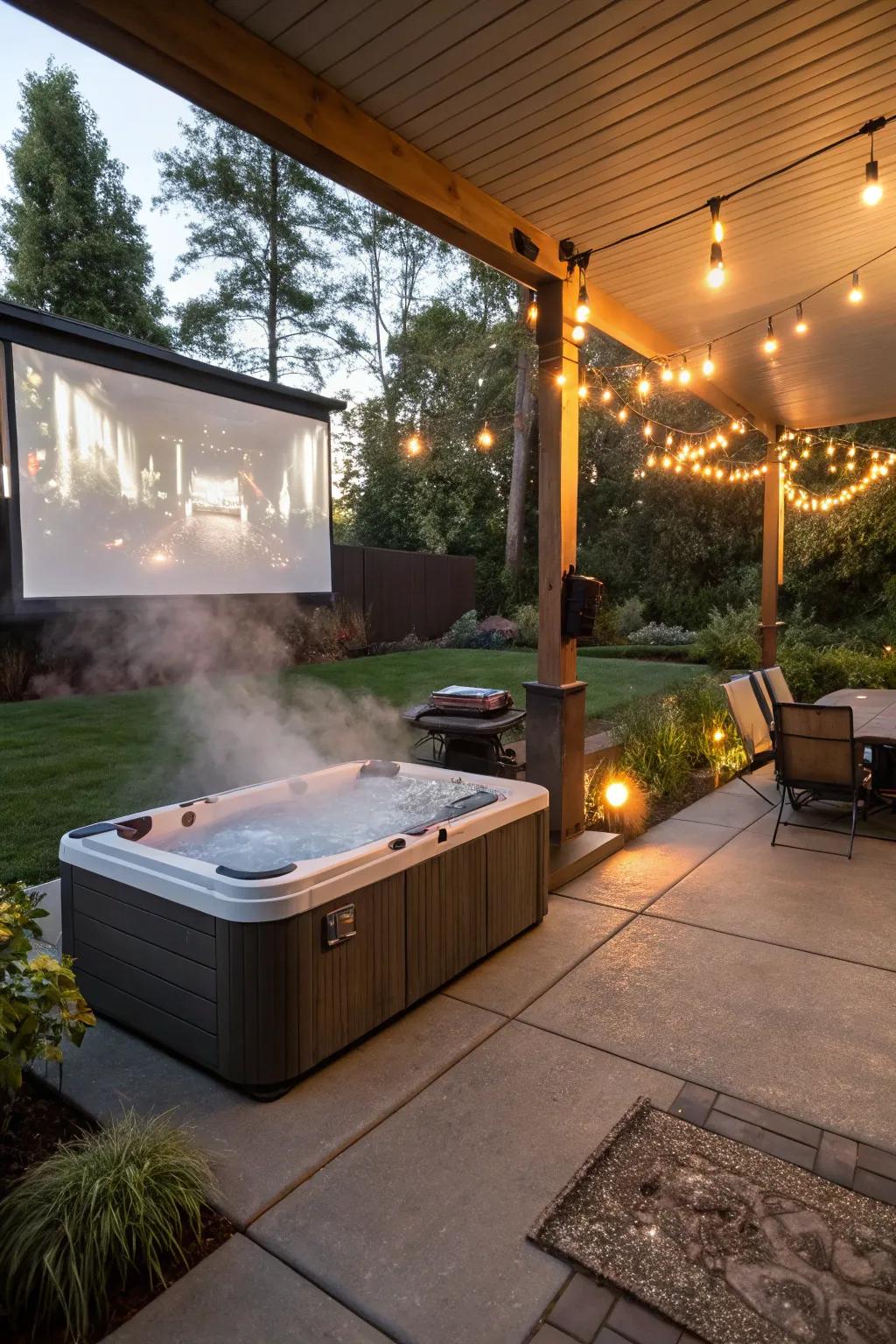 An outdoor cinema setup enhances the entertainment value of a patio hot tub area.