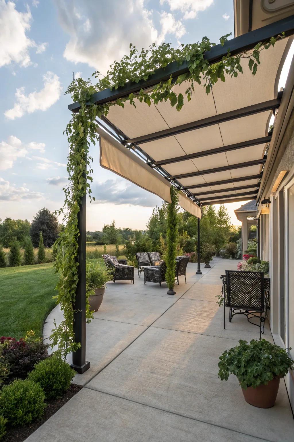 Enjoy adjustable sunlight with retractable pergola shades.