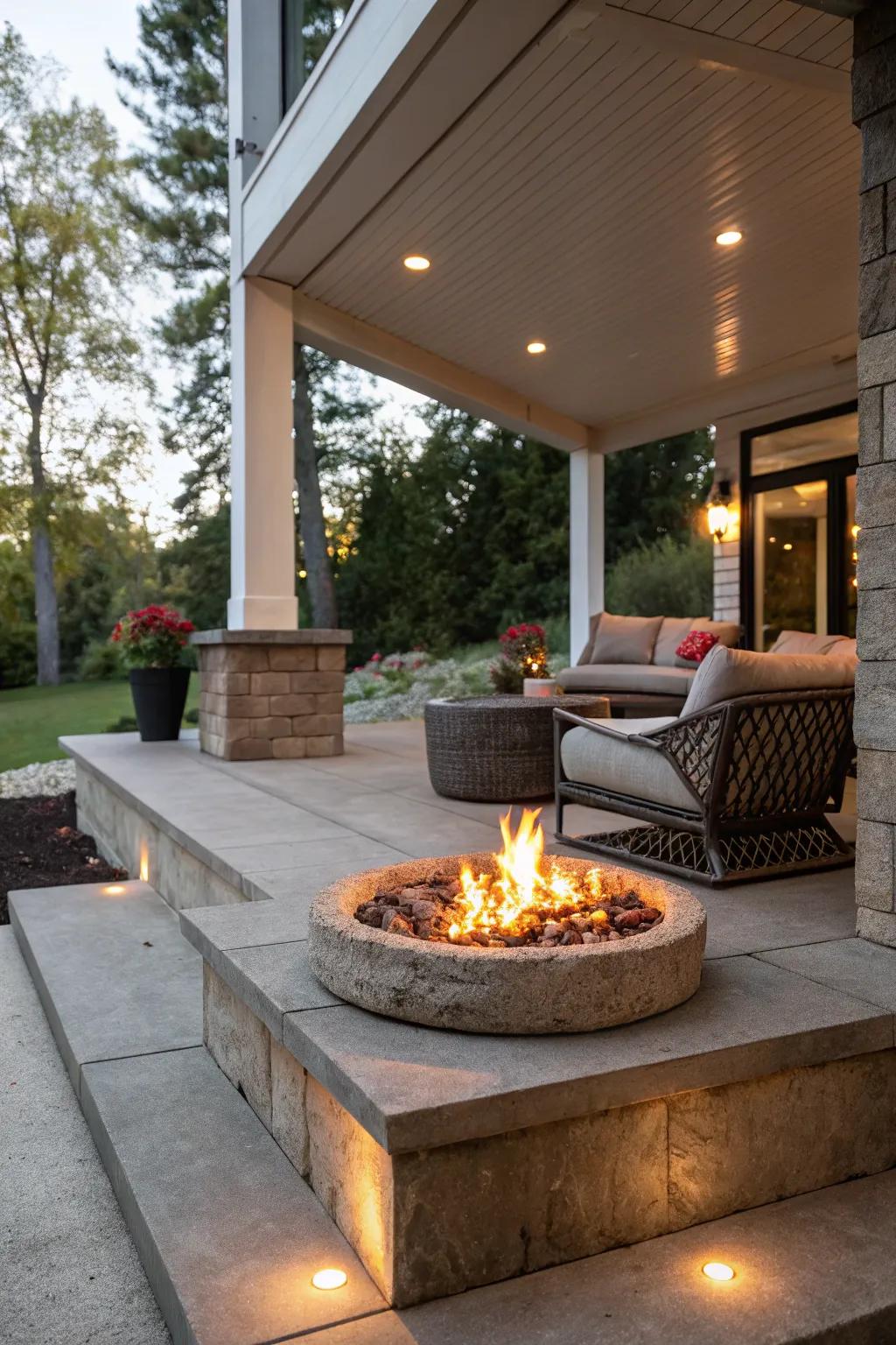 Concrete porch featuring a warm and inviting fire pit.