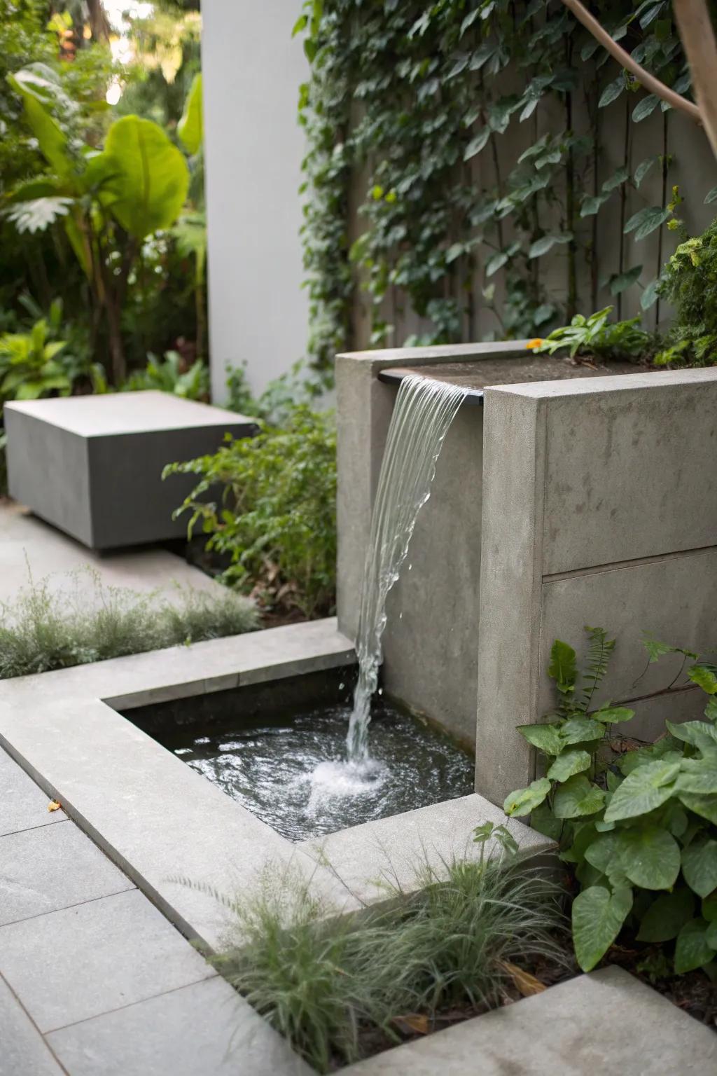 A minimalist corner waterfall bringing serenity to a small garden space.