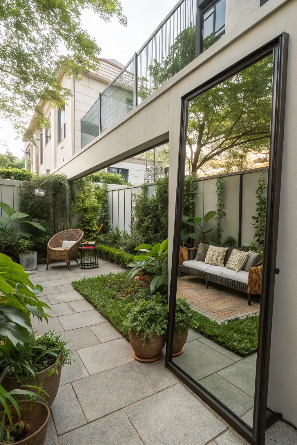 Mirrors cleverly placed in a condo backyard make it feel more spacious.