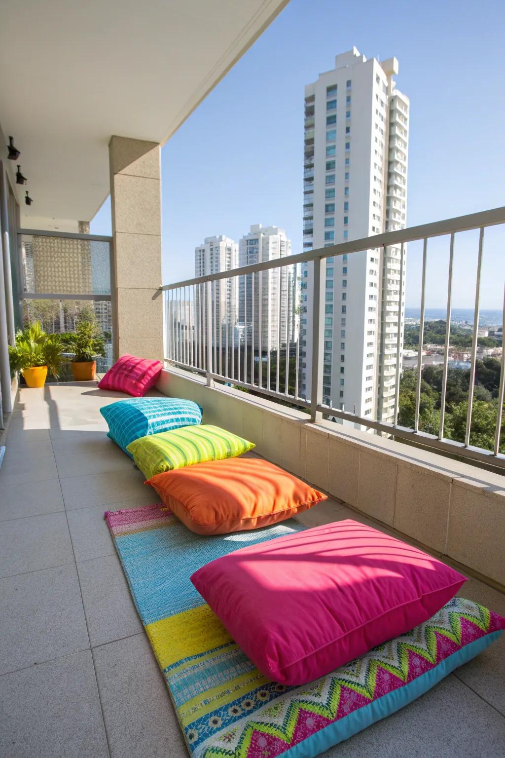 Create casual seating with vibrant floor cushions on your balcony.
