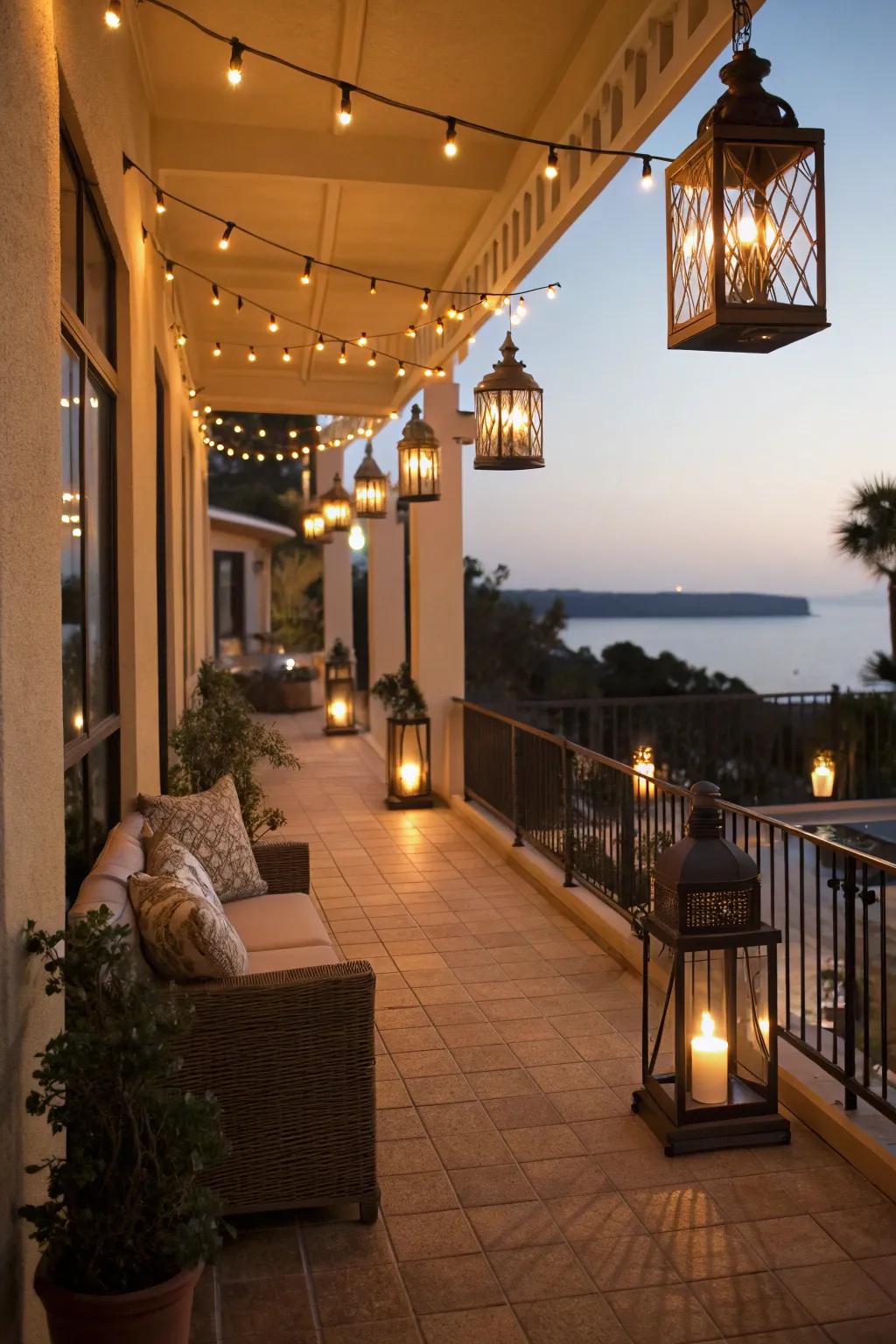 Layered lighting creating a cozy atmosphere on a condo patio.