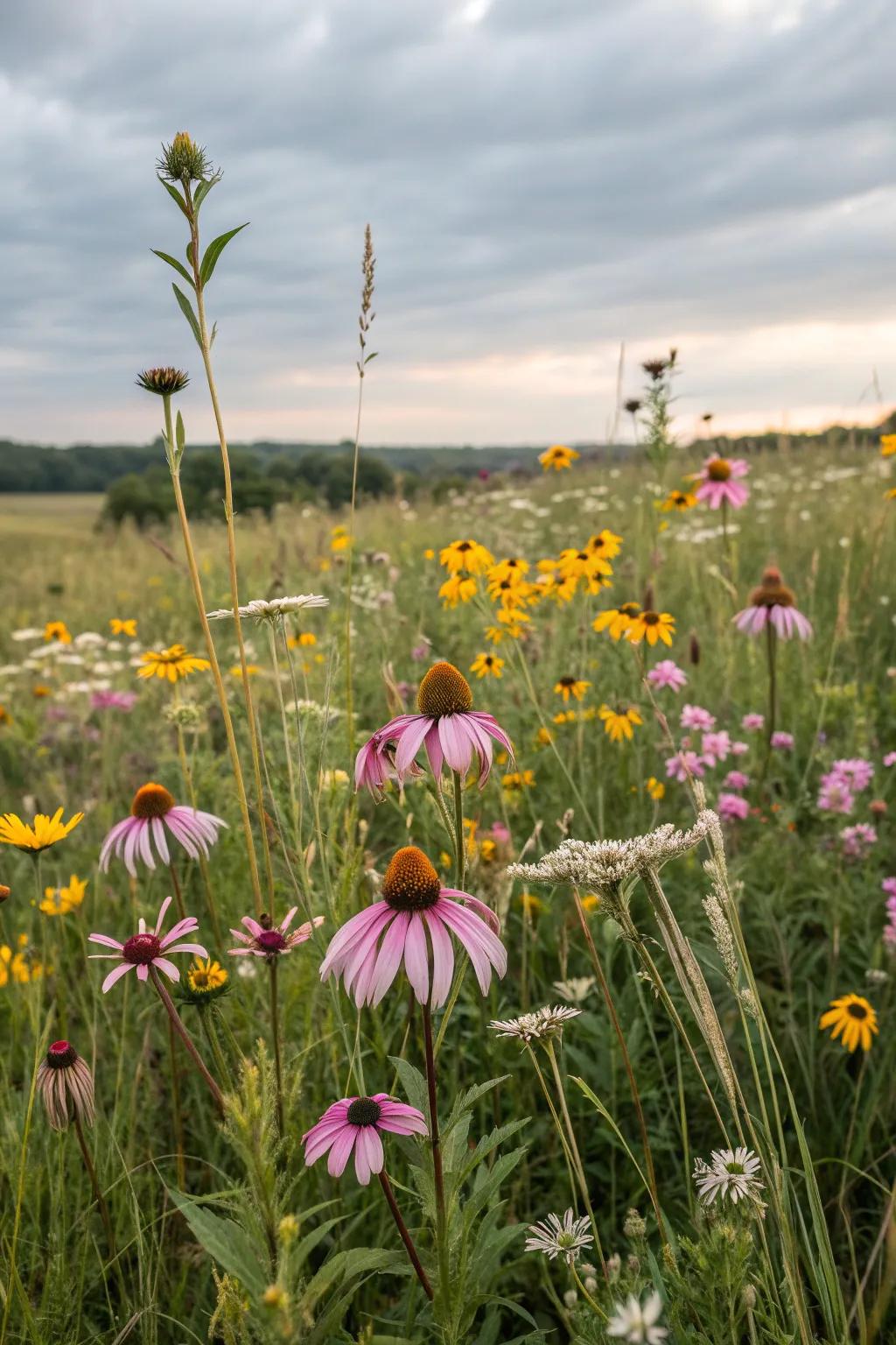 A serene wildflower meadow with blooming coneflowers.