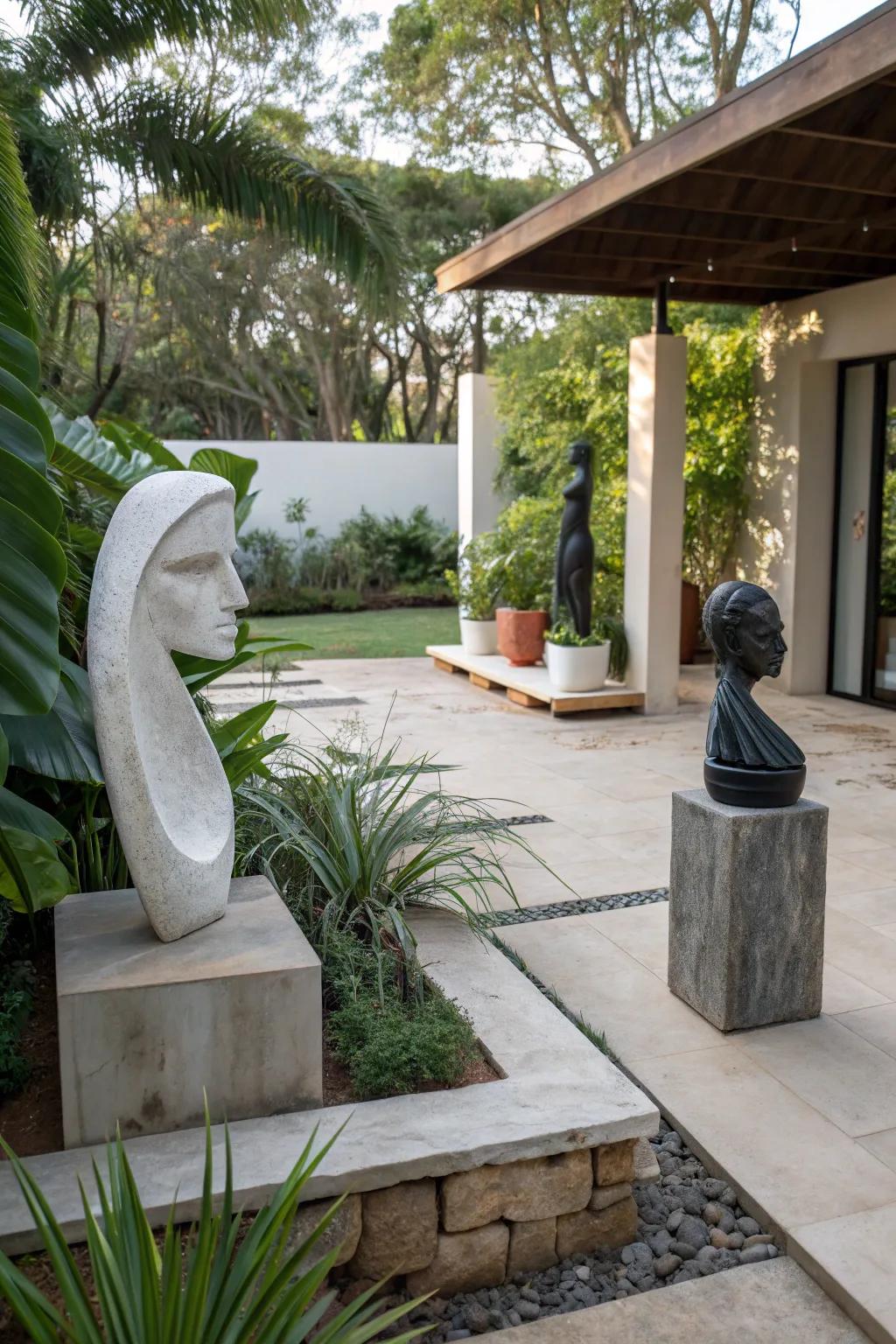 A patio featuring unique art pieces for an artistic touch.