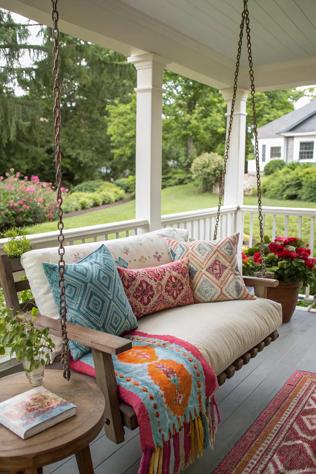 Brighten up your porch with colorful throw pillows.