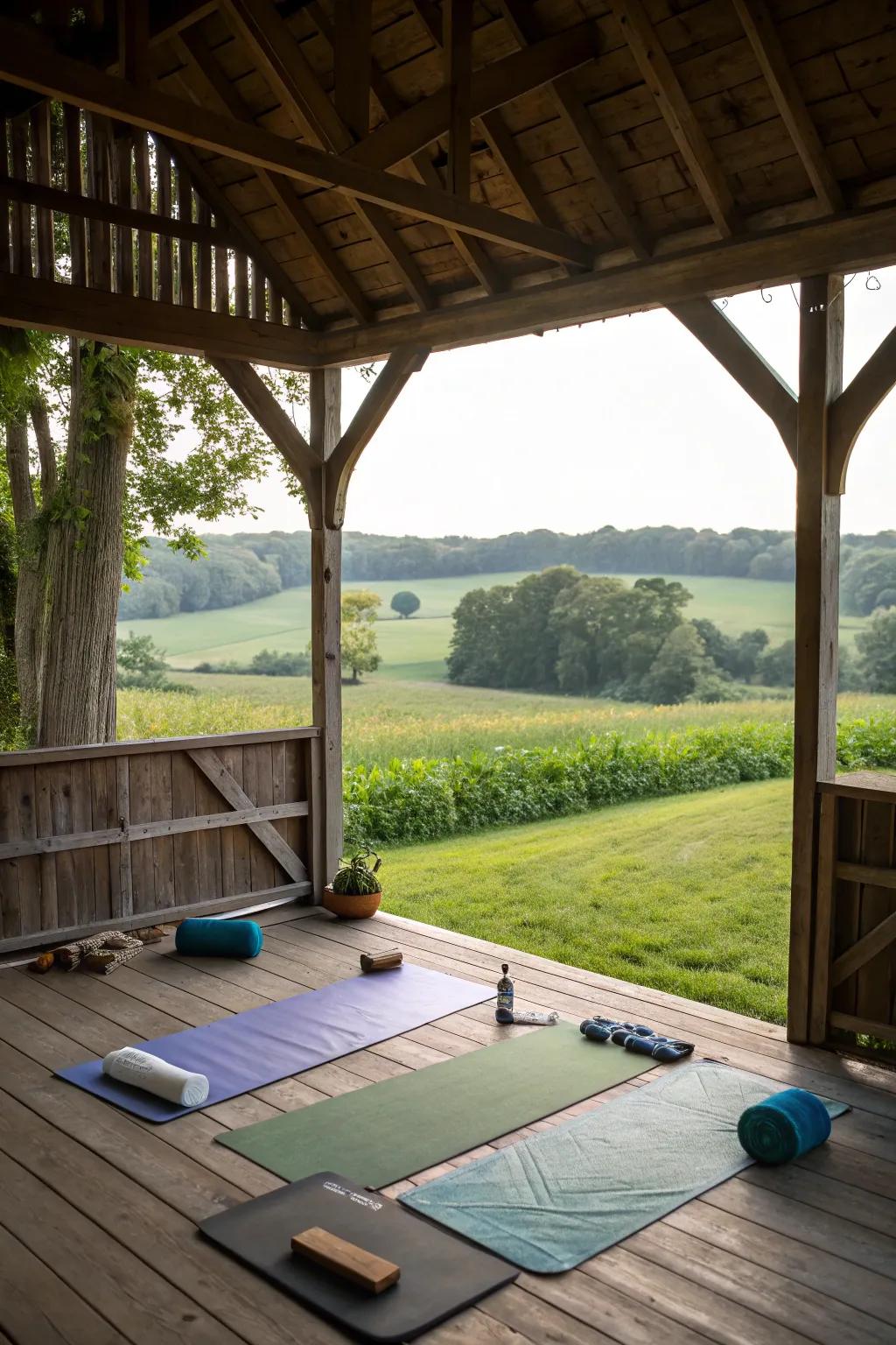 An interactive space for yoga or crafts inside the corn crib gazebo.