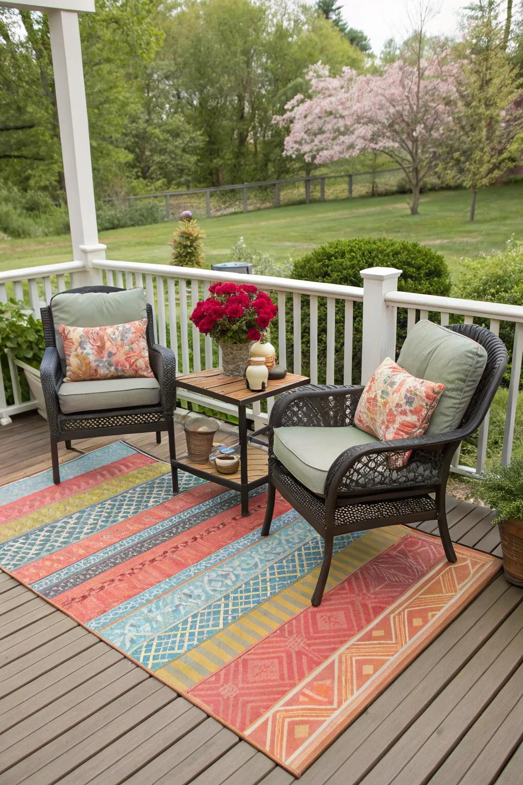 Outdoor rugs define spaces and add warmth to your deck.