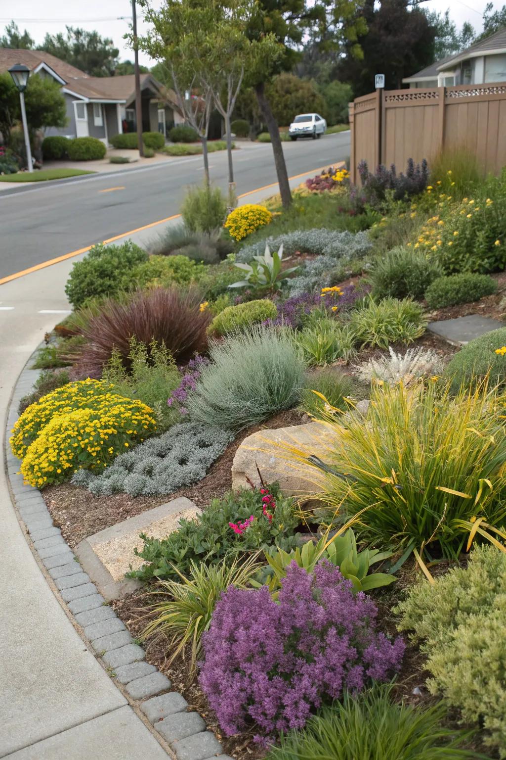 Lush native plants creating a sustainable and low-maintenance corner lot garden.